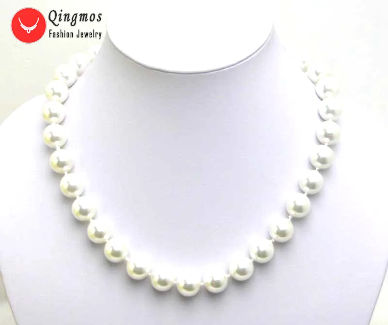 Qingmos White Sea Shell Pearl Necklace for Women with 12MM High Luster Round White Shell Pearl 17