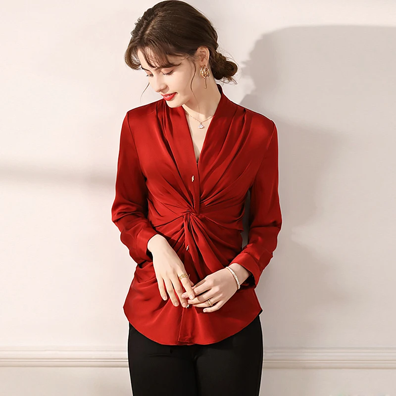 Silk Blouse Women Shirt Elegant Style 89% Silk Solid 2 Colors V Neck Long Sleeves Pleated Design Top New Fashion