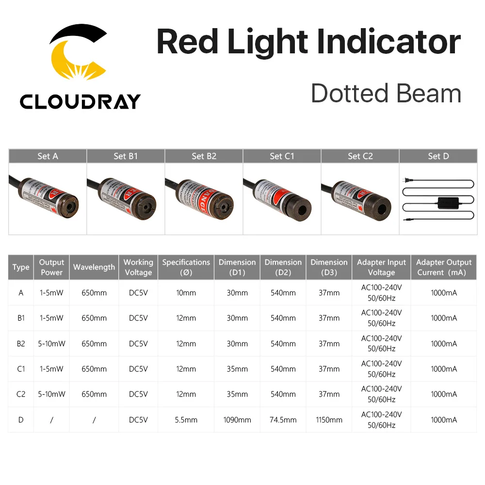 Cloudray-luz de haz de puntos rojos, localizador de módulo láser ajustable infrarrojo, adaptador para máquina de marcado o corte de fibra, 650nm, 5V