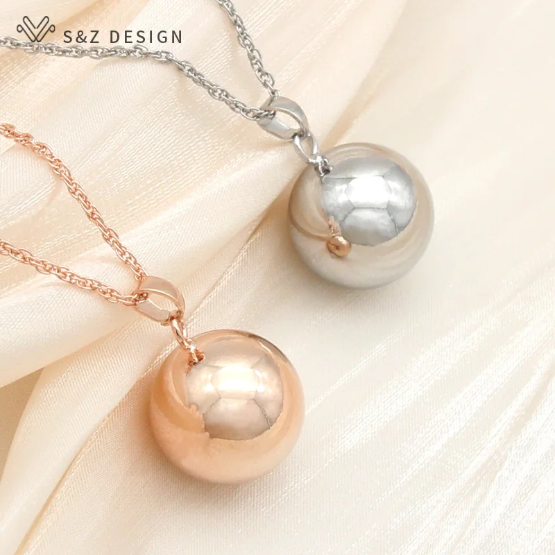 S&Z DESIGN New Fashion Smooth Round Spherical Pendant Rose Gold Color Necklace For Women Wedding Party Jewelry Gift