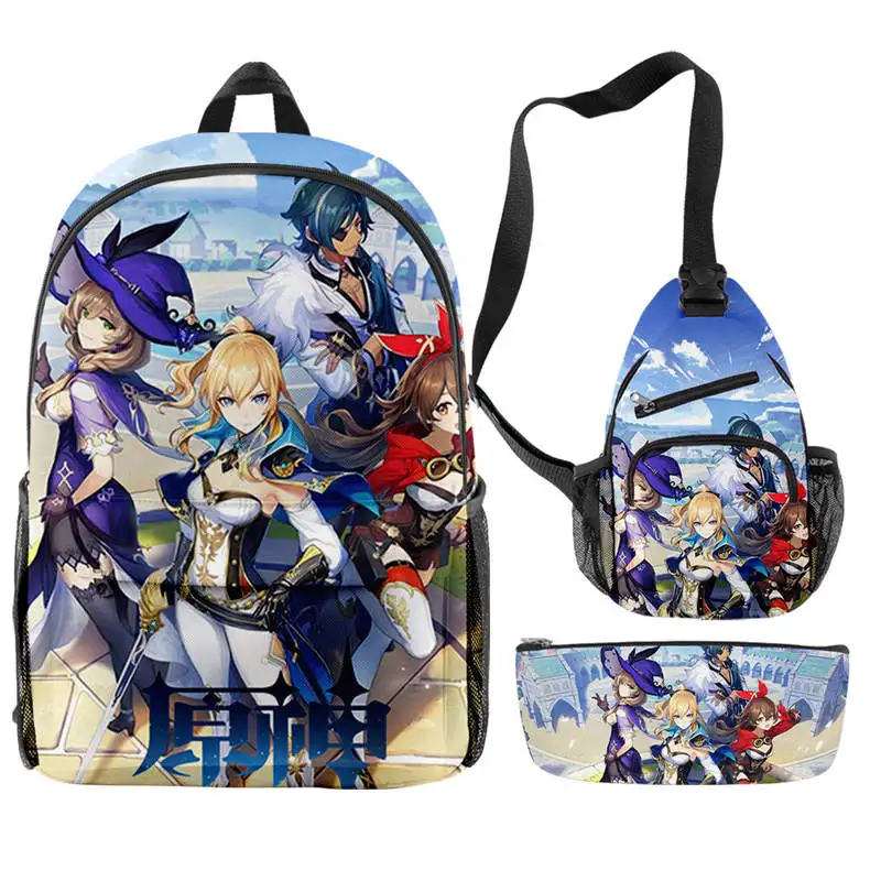 Anime genshin impacto impressão digital mochila com zíper + bolsa de ombro + caixa de lápis três peças conjunto de homens e mulheres