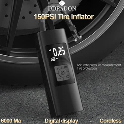 Bomba de aire recargable para llanta para coche y bicicleta, inflador, compresor de neumáticos, digital, inalámbrico, portátil, presión de 150PSI y capacidad de batería de 6000mA