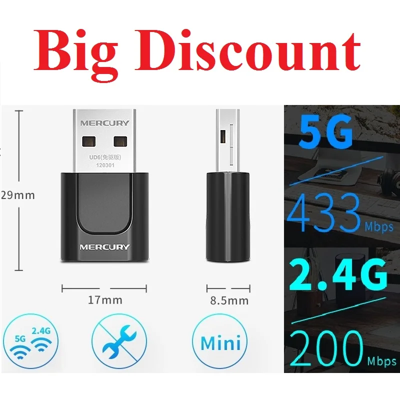 Plug&Play Drive-free AC650 Wireless Network Card 11AC 650Mbps 5GHz 433Mbps 2.4GHz 200Mbps MiNi Dual Band USB2.0 WiFi Adapter