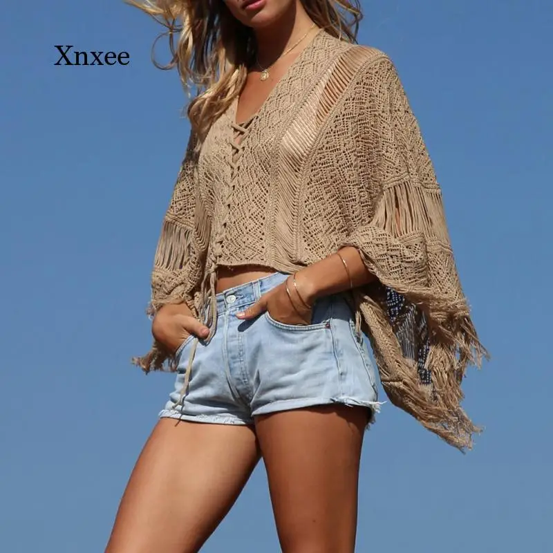 Robe de plage en tricot à franges pour femmes, Cover-Up pour les maillots de bain, ajouré, Crochet, style Boho