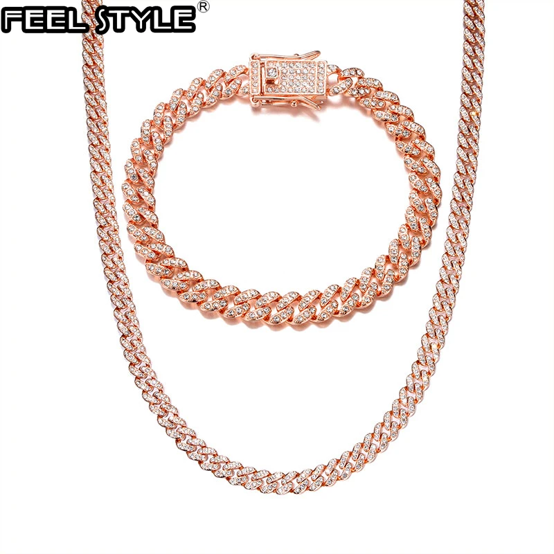 Hip Hop AAA+ Bling 8MM Miami Cuban Chain 1 Row Iced Out Rhinestone Zircon Paved Necklaces Bracelets for Men Women Jewelry