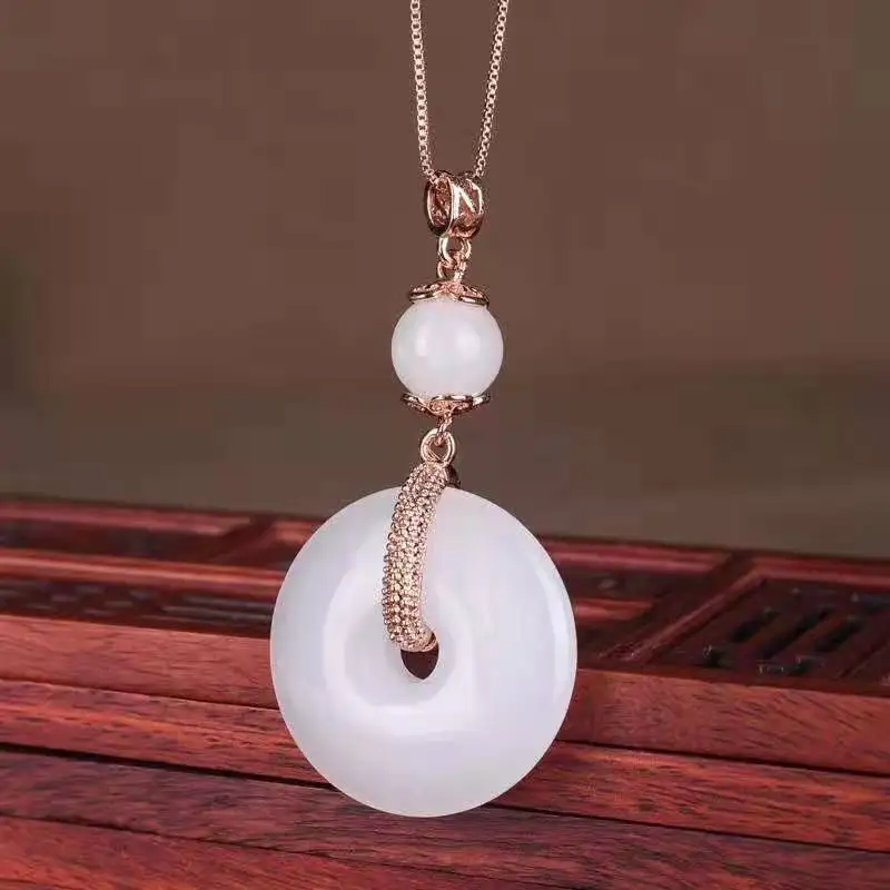 Designer 3 type High-end Natural Xinjiang Hetian   White Jade 925 inlaid with safety buttons pendant