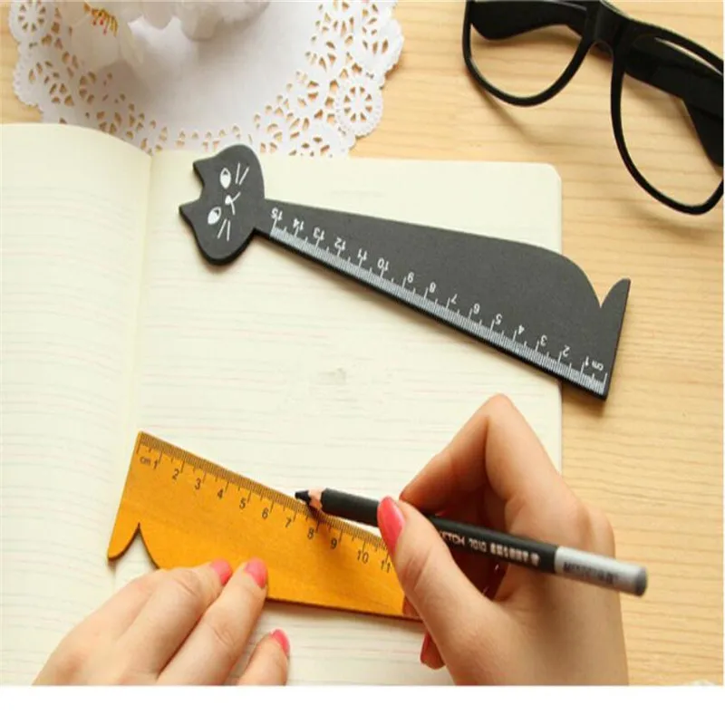 YOUE SCHEEN 1PCS Leuke Kat Modelleren Briefpapier Heerser Houten Briefpapier Heerser Meten Ruler Tool Leren Student Schoolbenodigdheden