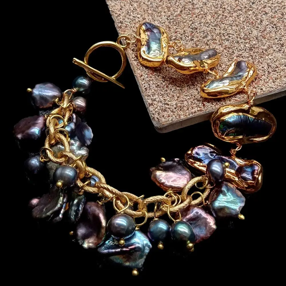 YYGEM Vintage Style Natural Black Top-Drilled Keshi Pearl Biwa Freshwater Pearl Gold Filled Wrap Bracelet 8'