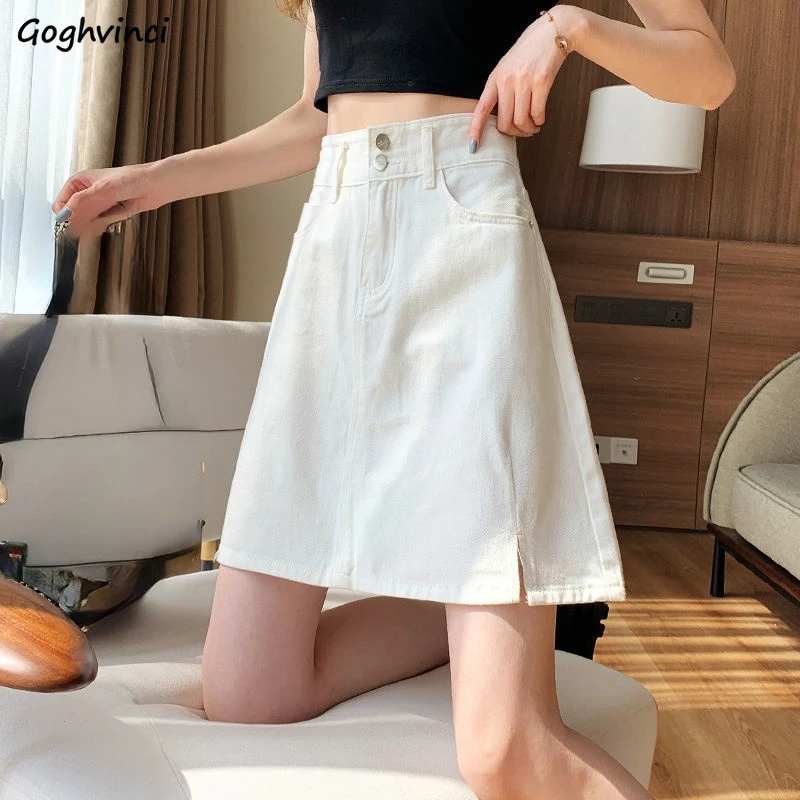 

Denim Skirts Women Vintage Summer High Waisted Chic Ladies Streetwear All-match A-line Pure Teens Bottom College Popular Ulzzang