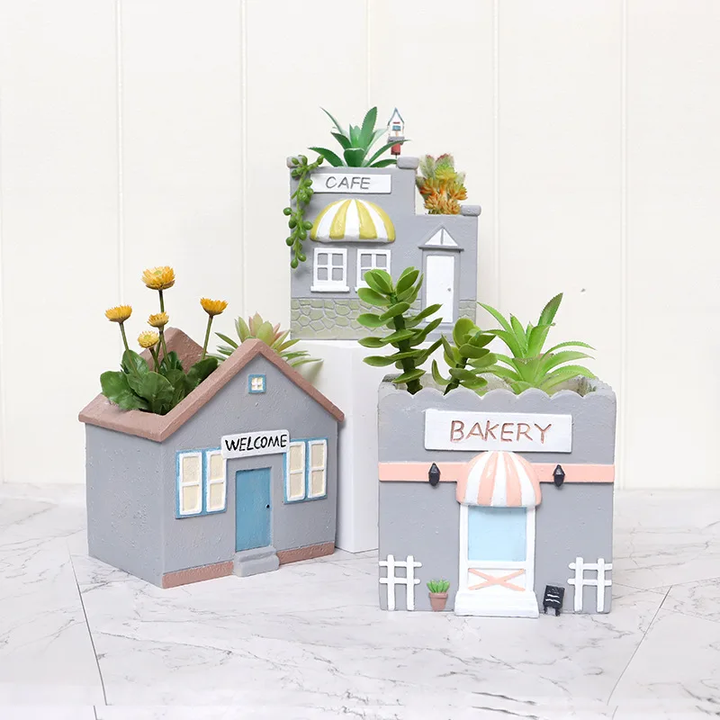 Cartoon Miniature House Model Succulents Flower Pot Creative Resin House Plants Bonsai Pot Crafts Garden Decoration Accessories