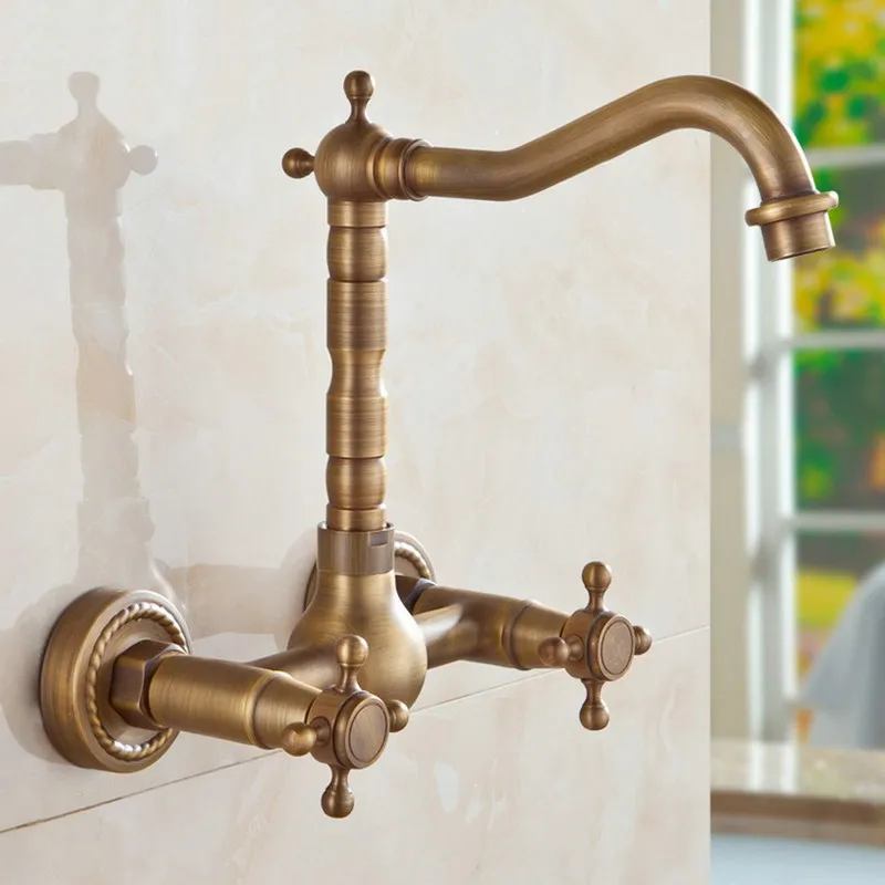 Cổ điển Retro Antique Brass Treo Tường Dual Cross Tay Cầm Xoay Bếp Phòng Tắm Chậu Basin Vòi Mixer Tap aan024