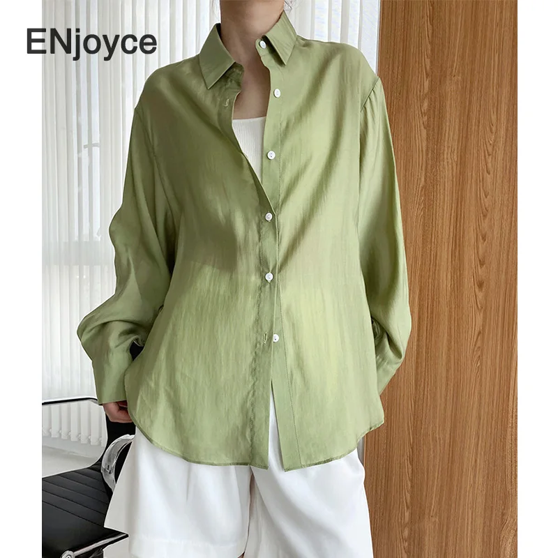 2024 Summer Women Korean Fashion Hem Strap Satin Shirts Ladies Elegant Workwear Sun Protection Blouses Long Sleeve Tops