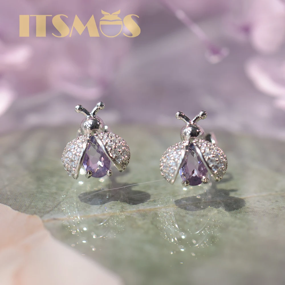 ITSMOS Ladybug Stud Earrings Amethyst Cristal Diamond Insect Earrings 925 Silver Earrings Stone  Jewelry for Women Elegant Gift