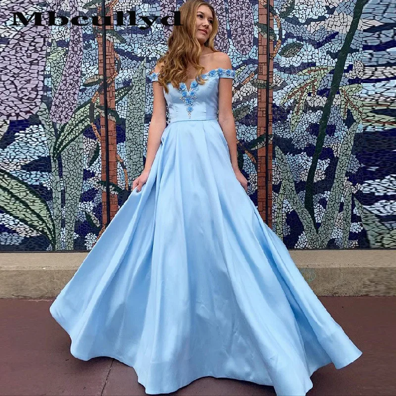 Vestidos de graduación largos Mbcullyd con bolsillo 2020 azul vestidos de fiesta de noche Línea A sin hombros de talla grande vestidos de fiesta de noche