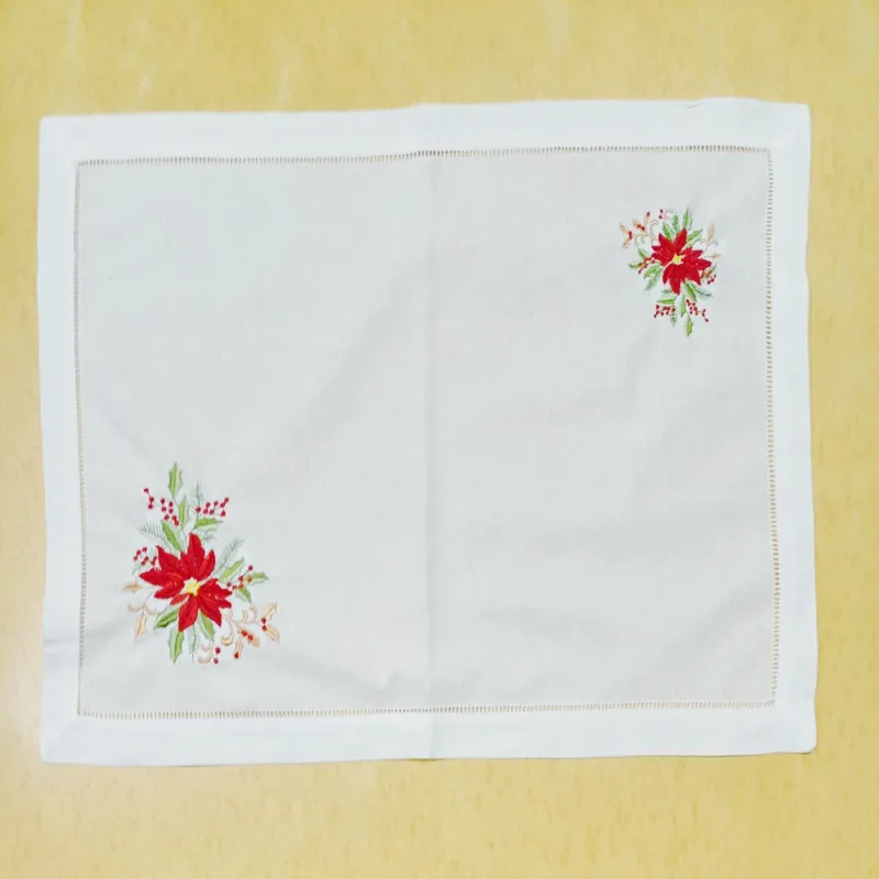 Set of 12 Handkerchiefs Towels / Dinner Napkins/ Table Cloth Hemstitched Placemats with Color Embroidered Floral