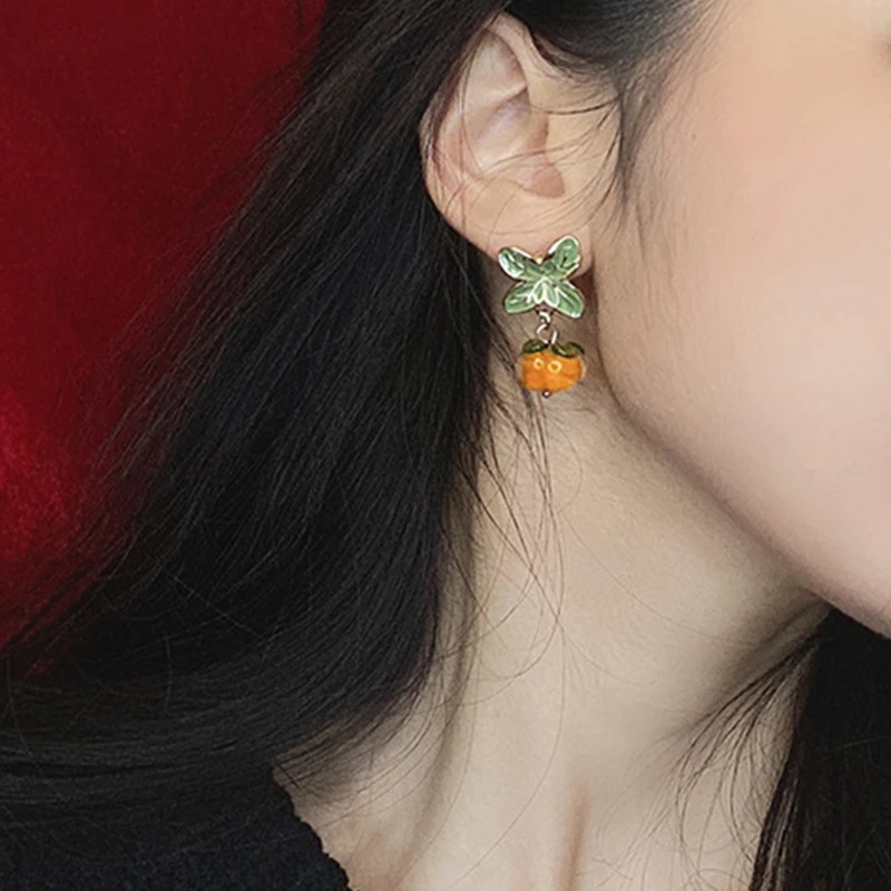 Creative Persimmon Orange Color Flower Leaf Stud Earrings For Women Painting Oil Glazed Glass Earrings Jewelry Accessories