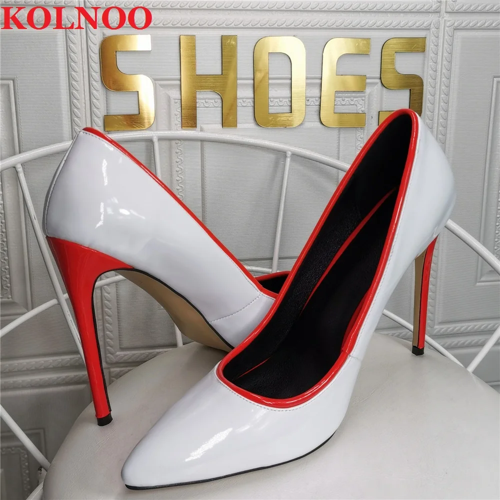 Kolnoo New Handmade Womens High Heels Pumps White Patent Leather Slip-On Pointy Evening Club Real Photos Fashion Court Shoes