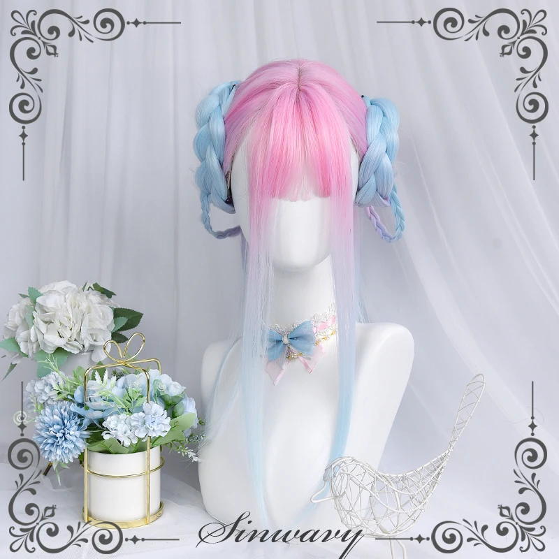 Sweet girl lolita wig original pink blue gradient straight hair sweet fake hair