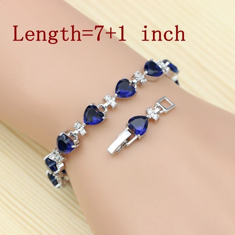 925 Silver Jewelry Set For Women Engagement Gift Blue Stone White Pearl Heart Shape Bracelet Necklace Pendant Earrings Open Ring