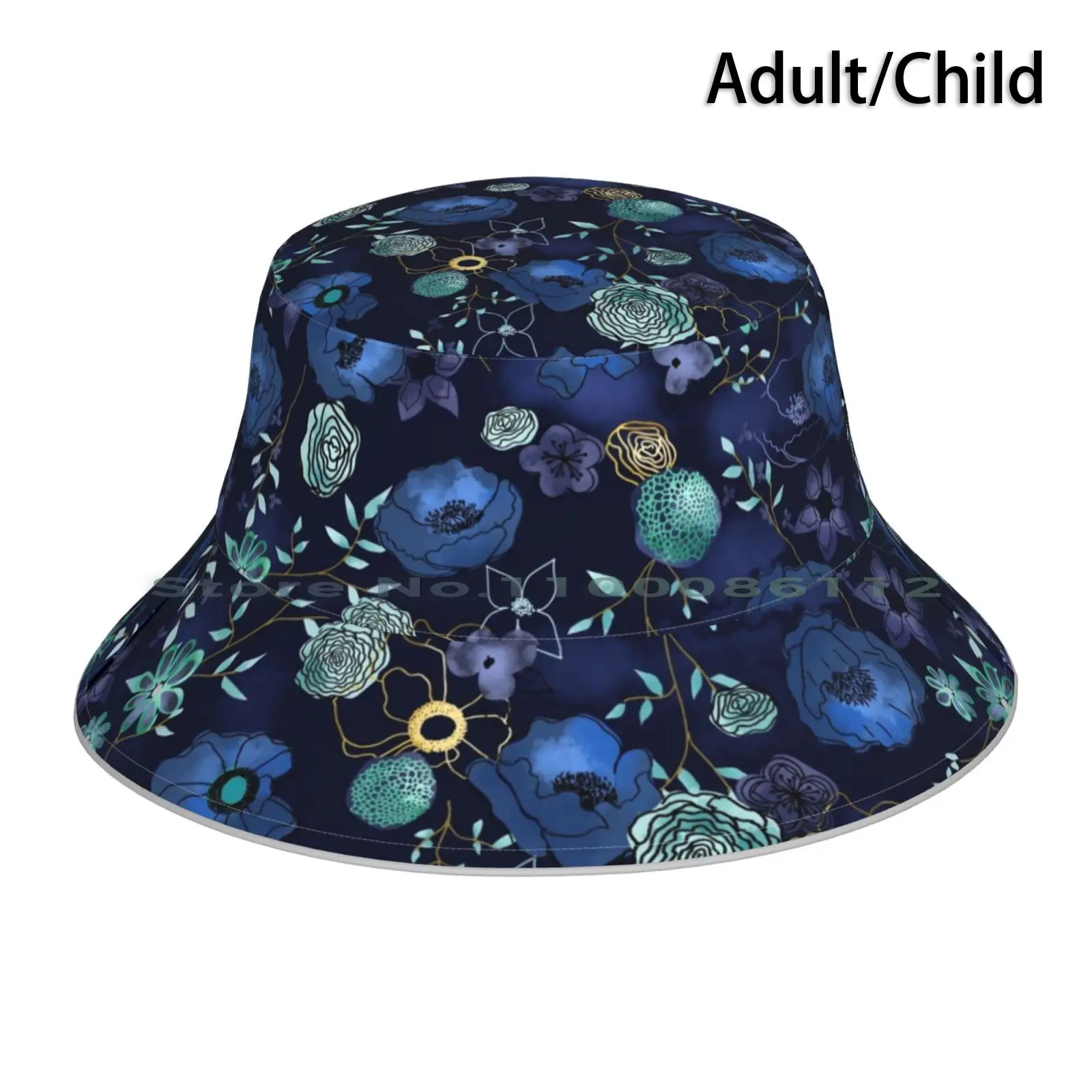 Cindy Bucket Hat Sun Cap Watercolor Blue Gold Poppy Botanical Floral Flower Stasiajahadi Sjd Foldable Outdoor Fisherman Hat