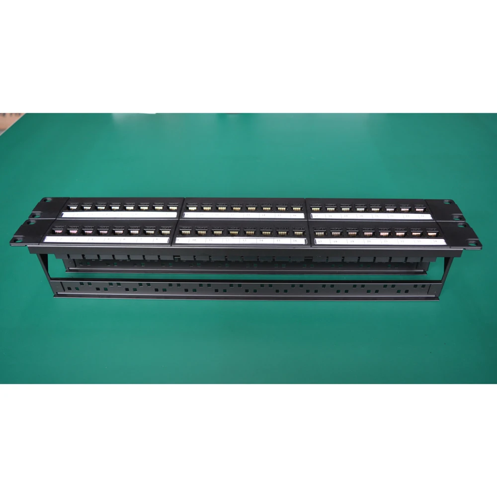 19in 2U Cabinet Pass-through 48 Port CAT6 CAT6A Patch Panel RJ45 Network Cable Adapter Keystone Jack Modular Distribution Frame