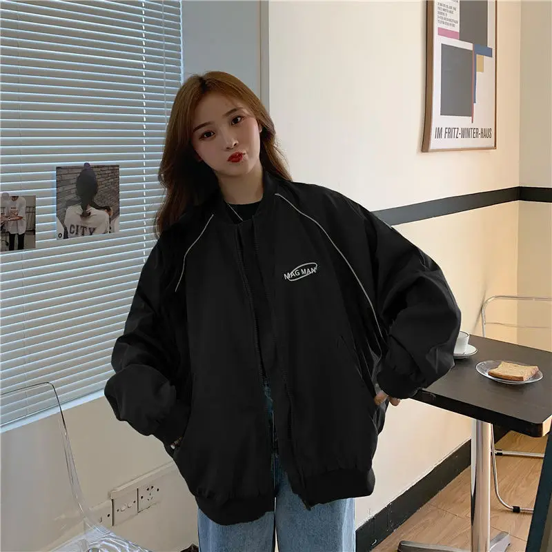 

Autumn Baseball Uniform Jacket Green Female Coat Loose Baseball Jacket Korean Coat Women's Jacket Bat Sleeve Coat Oversized