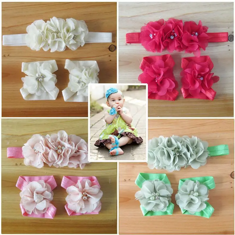 baby headband infant pearl flowers hair band baby girls barefoot sandals and headband shoes sets children girls hair accessories