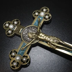 Bronze Inlaid Pearl Jesus Cross cristo Exorcism Ornaments jezus christus kreuz Gift Box Catholic holy crucifijo crosses church