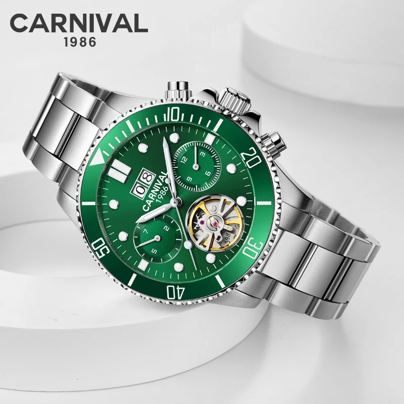 Original CARNIVAL brand Mechanical Watch Men Tourbillon Automatic Watches Men self wind Sapphire Calendar Waterproof Sport Watch