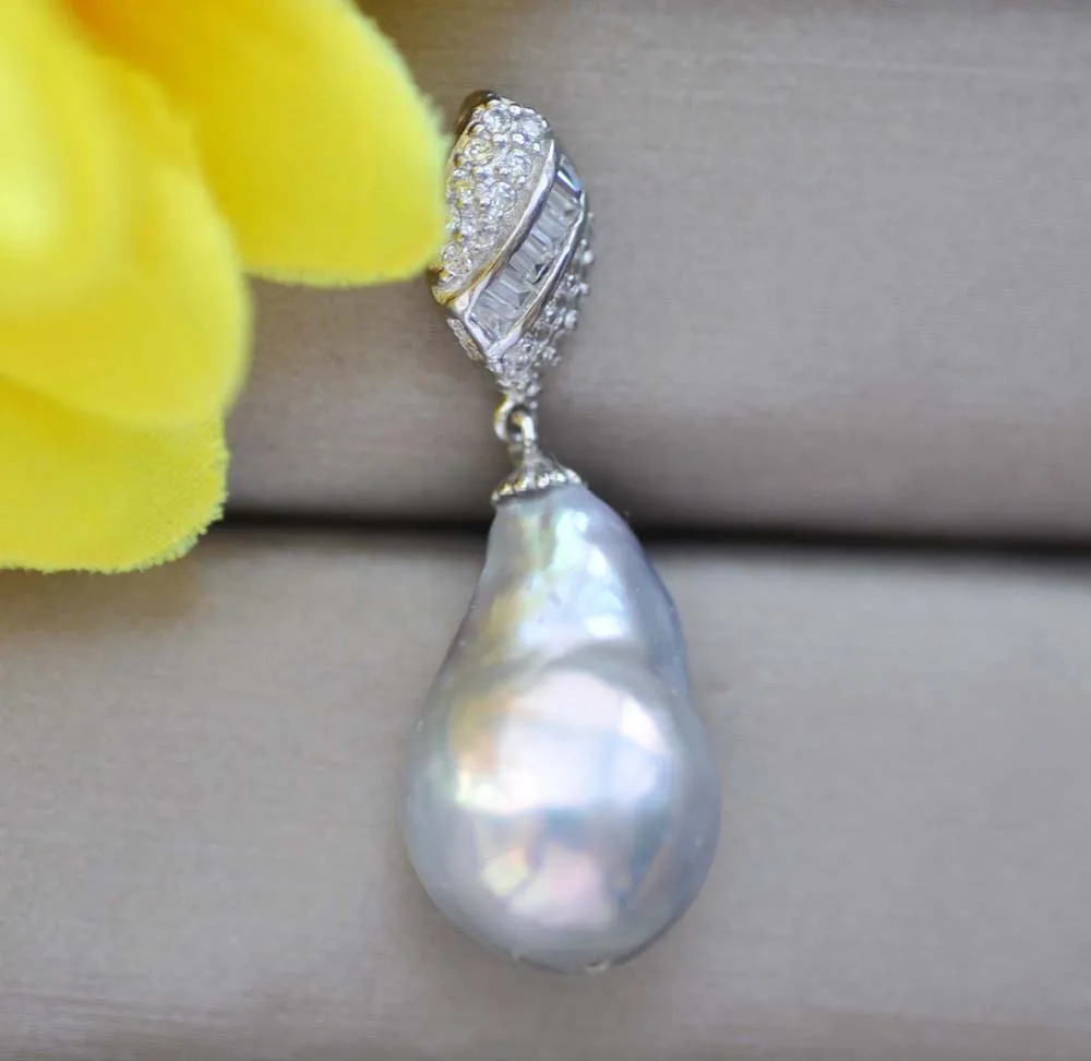 Z10044 18mm Gray Drop-Baroque Keshi Reborn Pearl CZ Pendant