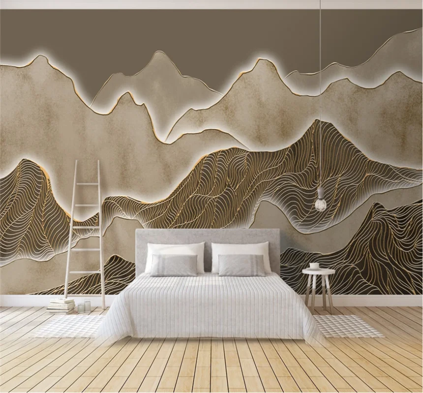 Benutzerdefinierte tapete 8D wasserdichte wand tuch Künstlerische konzeption Abstrakte gold linie tinte landschaft hintergrund wand malerei