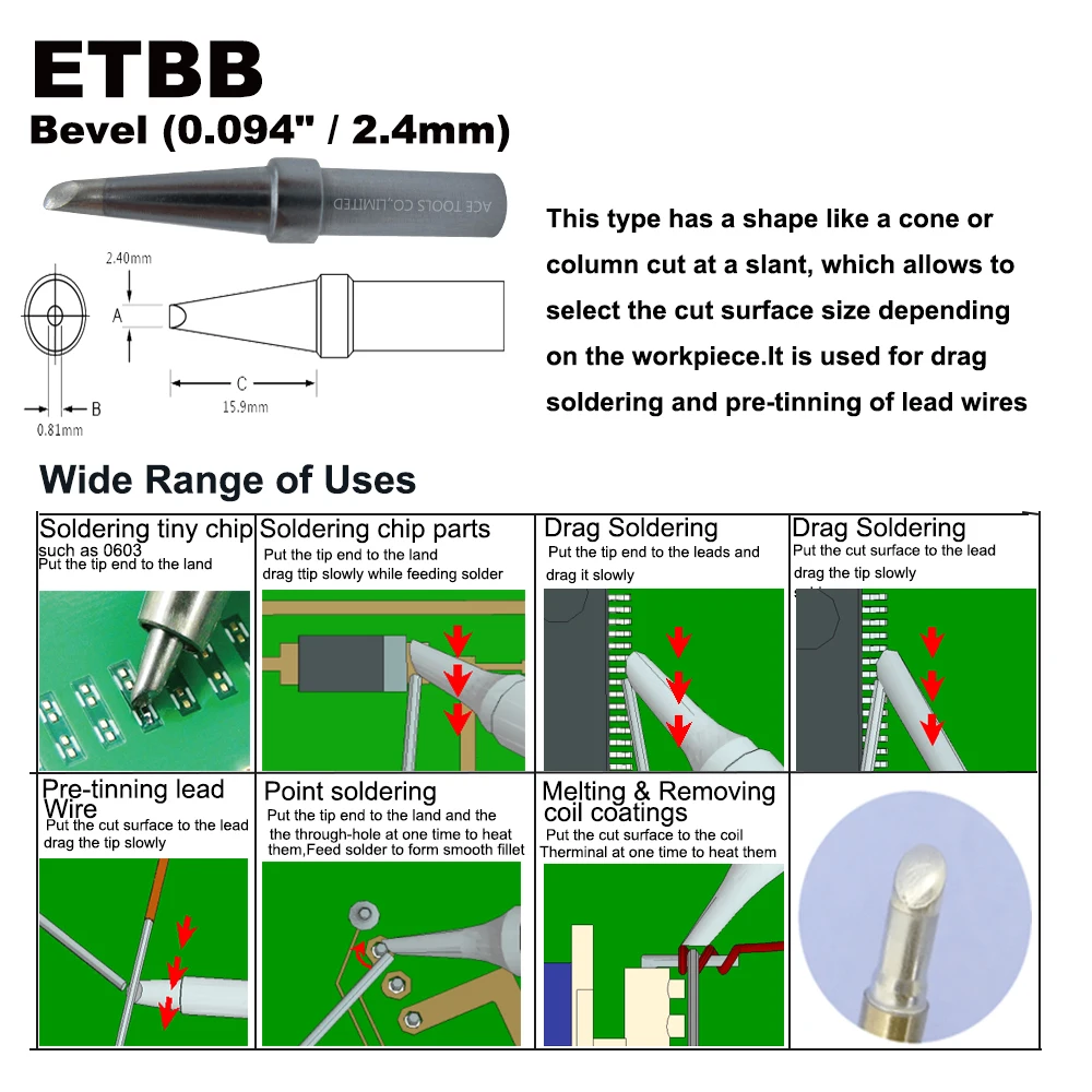 Ujung Solder ETBB Bevel 2.4Mm Cocok untuk WELLER WES51 WES50 WESD51 WE1010NA WE1010EU PES51 PES50 LR21 LR20 Ujung Pipa Pensil Besi