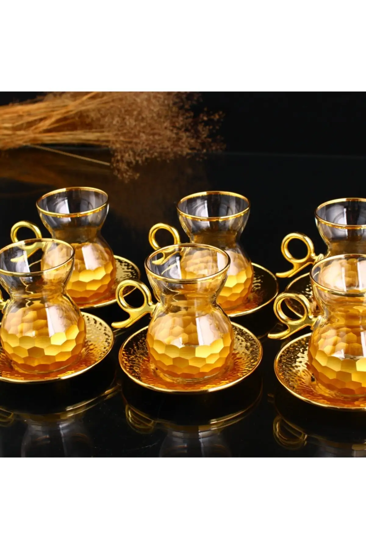 12 piece handle Tea Cup Tea set-honeycomb Gold Turkish Tea Cup Glass Cup Glass Cup