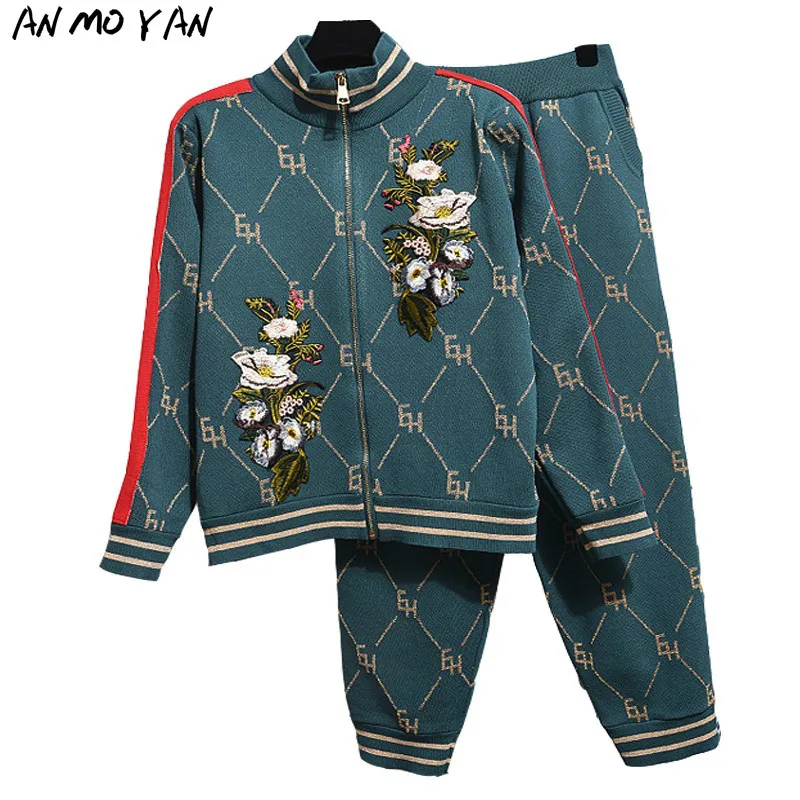 

Autumn New Women Set Embroidered Flowers Contrast Color Harajuku Knitted Cardigan Coat Casual High-quality Two-piece Sets