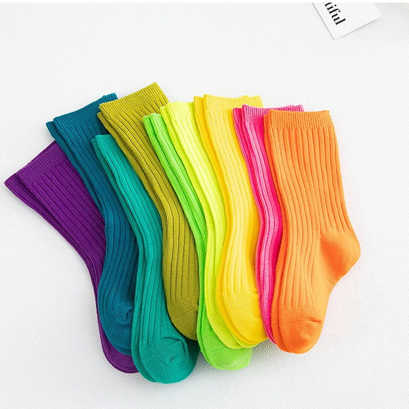 3Pairs/Lot 2024 Spring Summer Children's Candy Color Socks Korean Japanese Style Kids Boys Girls Double Needle Mid-Tube Socks