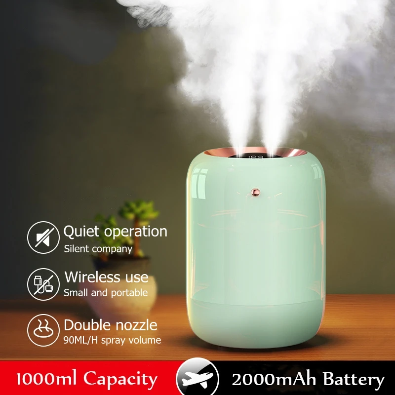 1L Double Nozzle Home Air Humidifier Purifier 2000mAh Battery Display Room Fragrance Ultrasonic Mist Maker USB Aroma Diffuser