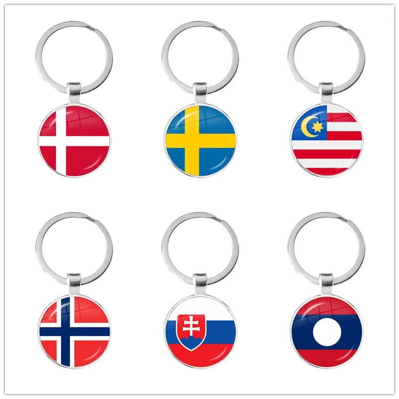 Malaysia, Laos, Denmark, Norway, Sweden, Slovakia National Flag Keychain 25mm Glass Cabochon Key Rings For Women Men Gift