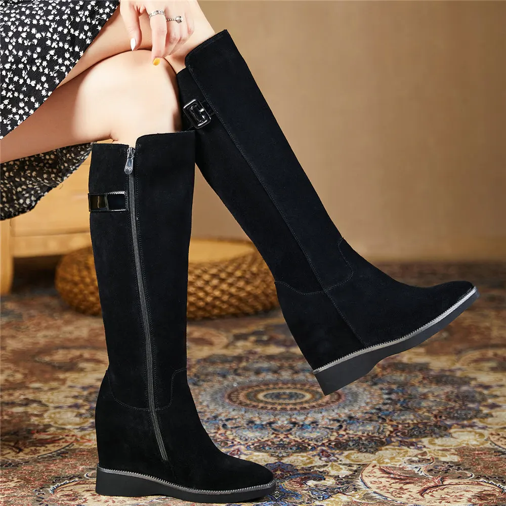 Women Genuine Leather Wedges High Heel Knee High Boots Female High Top Winter Warm Square Toe Platform Pumps Shoes Casual Shoes