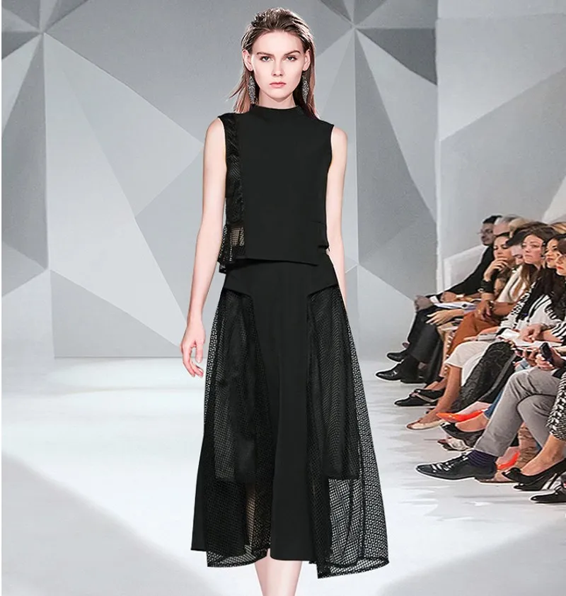 

New Summer Women's Black sleeveless stand collar shirt Top + Fashion OL Style Elegant Hollow out Lace patchwork skirts 2pcs set