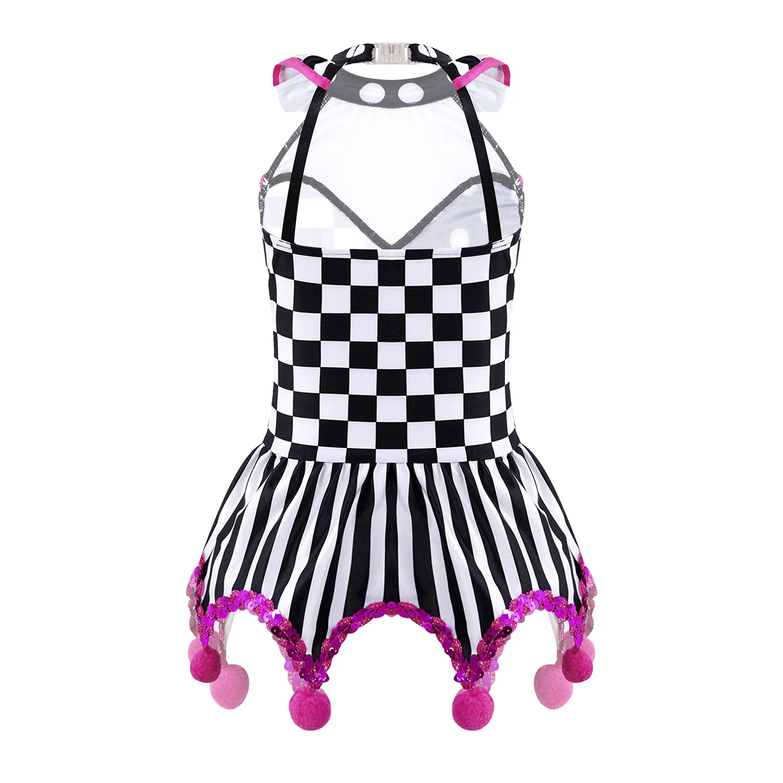 Kids Girls Circus Clown Joker Costume Halloween Cosplay Leotard Dress Polka Dots Stripes Sequins Pompoms Adorned Skirted Dress