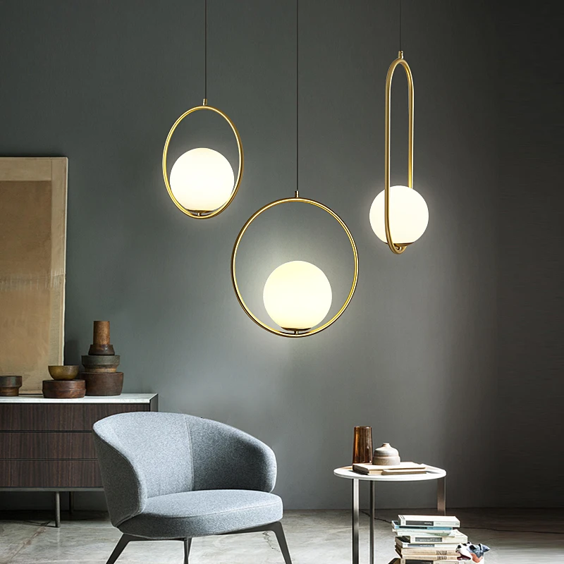 

Nordic Gold Ring Led Pendant Lights Modern Glass Ball Hanging Lamp Loft Industrial Decor Kitchen Bar Dining Room Light Fixtures