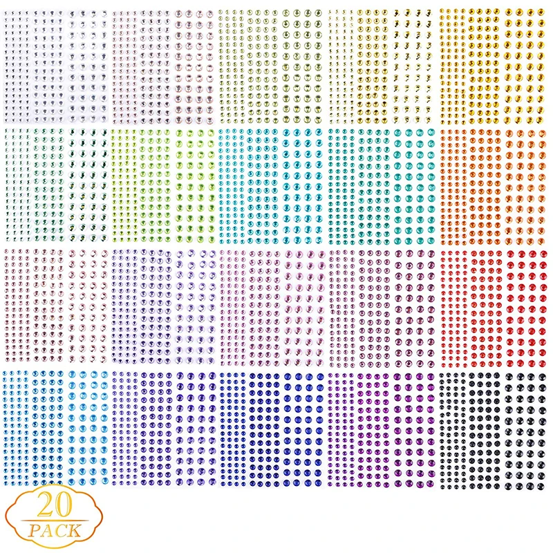 3440Pcs Rhinestone Stickers Self Adhesive Colorful Gem Stickers 3 Size 20 Sheets Gemstone for DIY Face Decor Crafts Nail Makeup