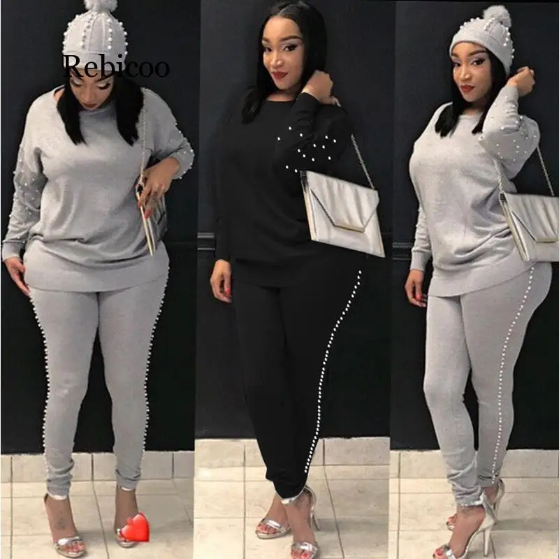 Women TWO PIECE SET Pearl Tracksuit Beading Top Pullover Pants Long Sleeve Outwear 2 Piece Ladies Suits Sweatshirt Spring Autumn