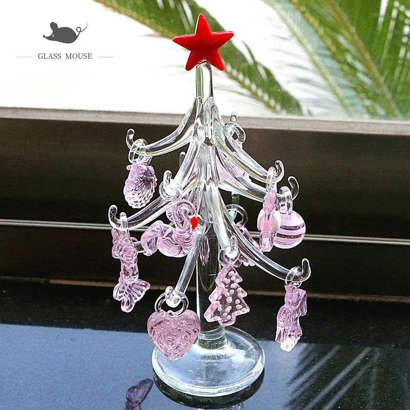 Handmade Murano Transparent Glass Christmas Tree Figurine Ornaments Xmas Decoration 12pcs Pink Charms Accessories Pendant Gifts