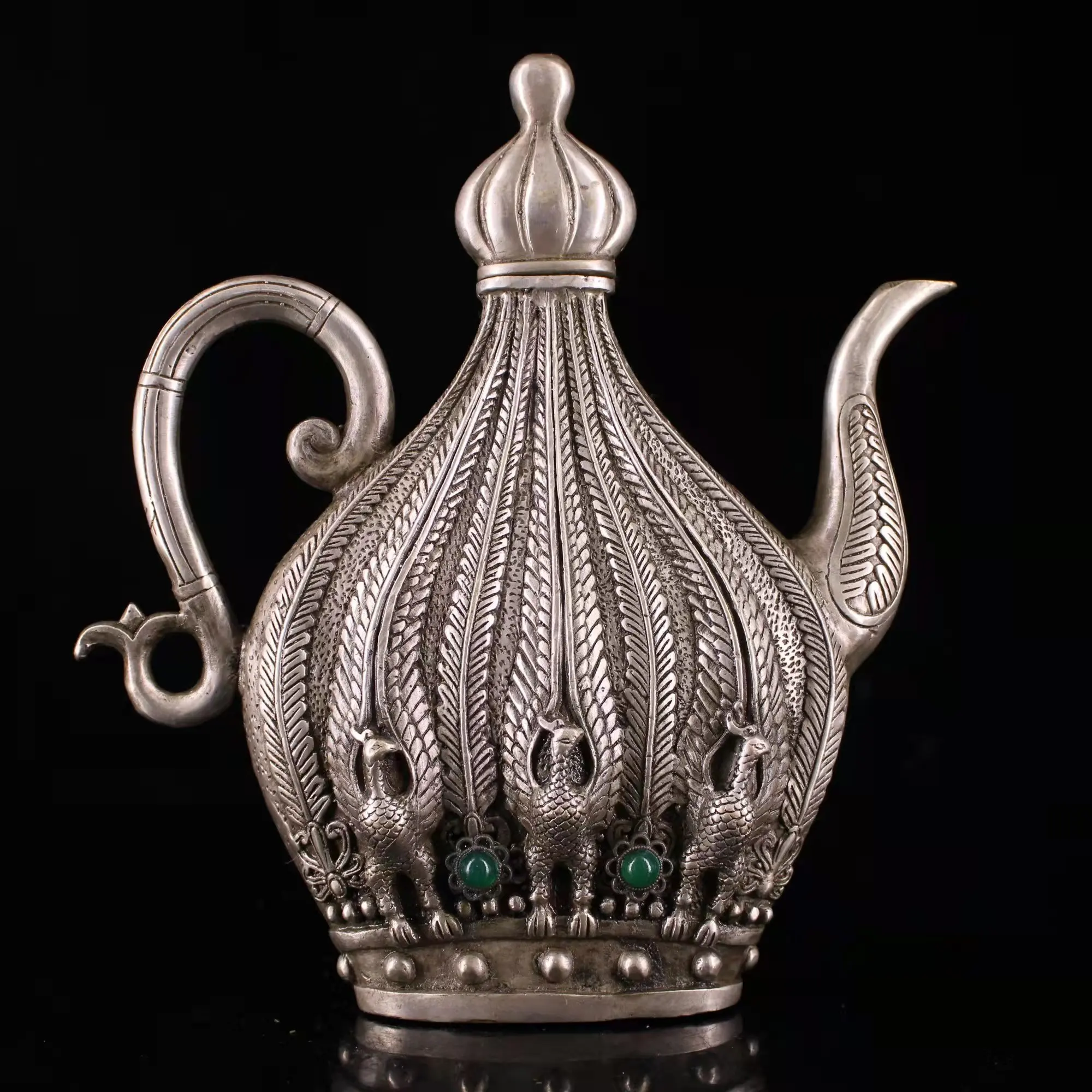 Unique Old Chinese silver &gem Teapot,Phoenix shaped pot, with mark, Free shipping