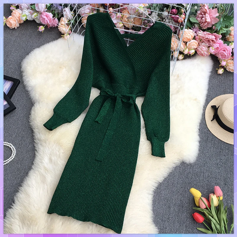 

Bright Silk Knit Elegant Dresses For Women Female Dress Spring Autumn Batwing Sleeve V-Neck Slim Hip Vestidos Платье Женское