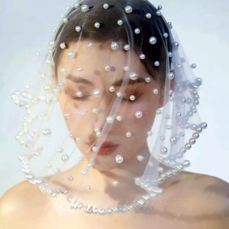 

TOPQUEEN Va10 Тюлевая вуаль с жемчугом, фата с короткими румянами, мини-свадебная фата, жемчужная вуаль, ковбойская шляпа, вуаль, настраиваемая