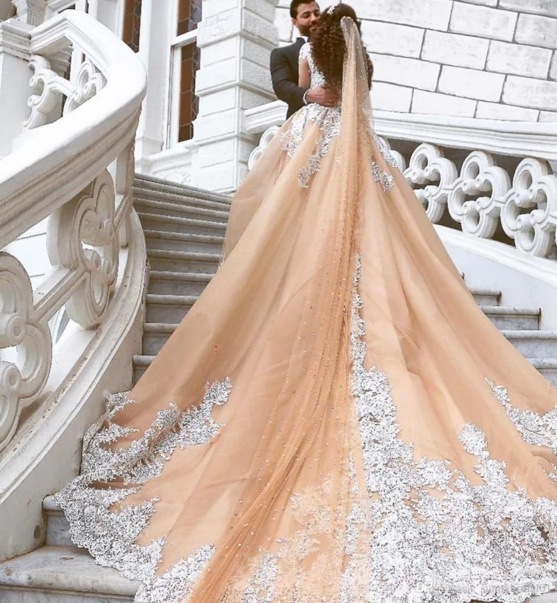 العربية الشمبانيا فستان الزفاف الدانتيل زين مطرز شفاف جوهرة الرقبة كم طويل فستان زفاف Vestido de Novia Mariage