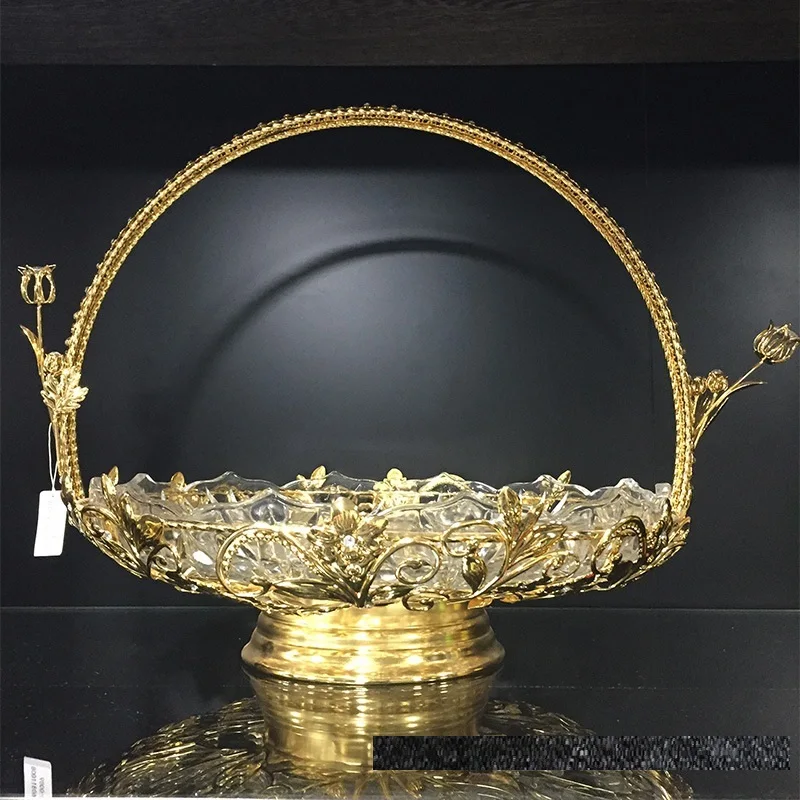 Wedding Basket European style metal glass flat fruit plate with diamond decoration Hotel KTV fashion luxury food plate