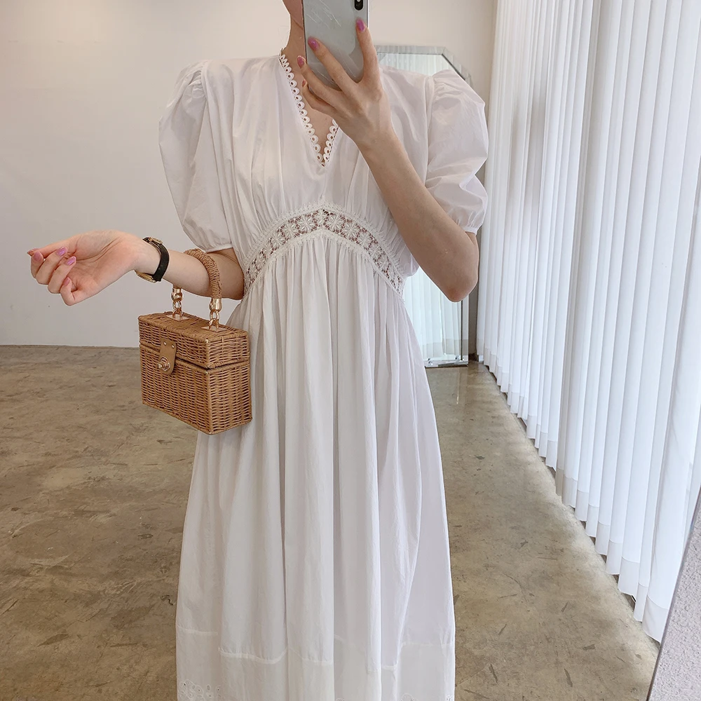 Croysier Beach Summer Dress Women V Neck Short Puff Sleeve Lace Trim Elegant Midi White Dress Openwork Embroidery Hem Boho Dress